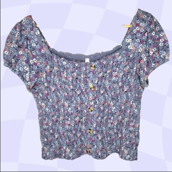 Mudd Fairy Floral Smocked Crop Top Size L Blue Milkmaid Festival Cottagecore - Picture 1 of 11
